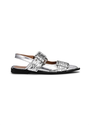 Feminine Buckle Ballerina Metallic Silver S2725 Ganni 